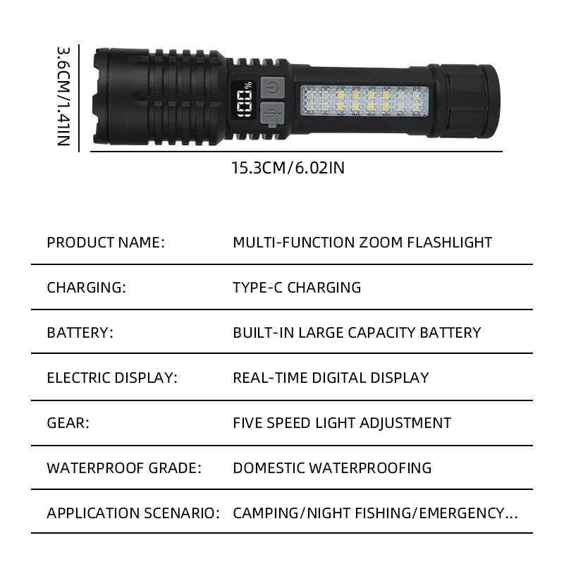Portable Rechargeable High Power LED Flashlights With Display Screen Zoom Tactical