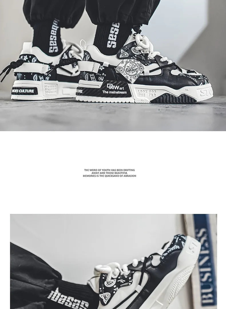 Platform Sneakers for Men Trend Design Graffiti Skateboard