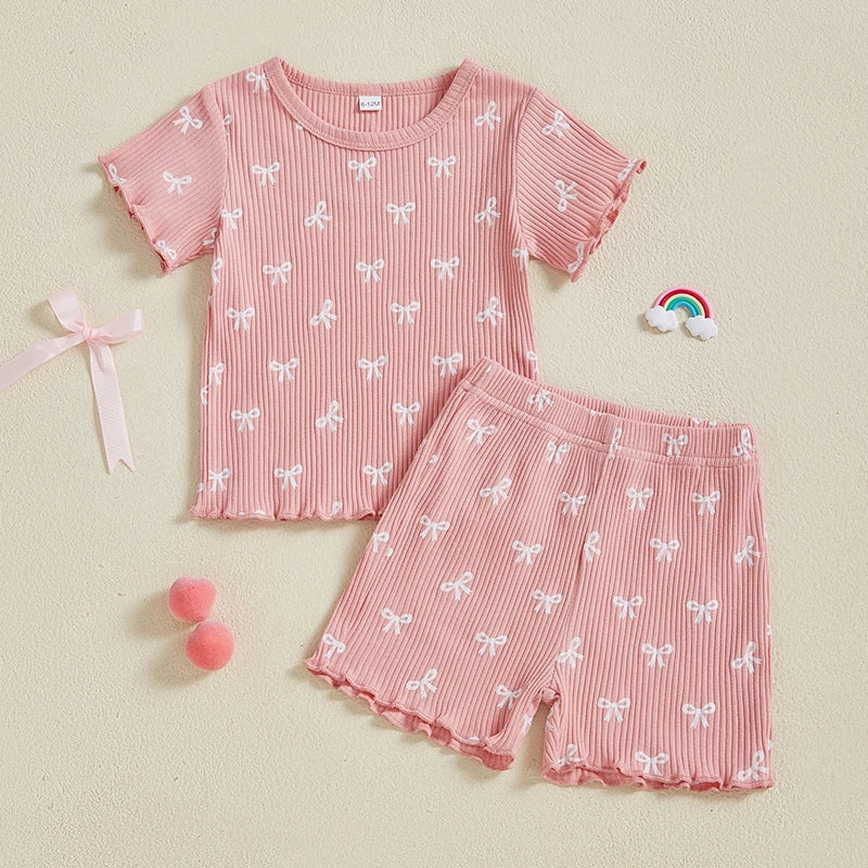 Adorable Infant Girl Ruffle Sleeve Shirt and Shorts Set with Bow