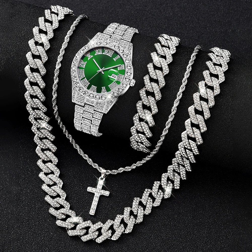 4pcs Men's Casual Quartz Watch Alloy Strap With Date Silver And Alloy Rhinestone