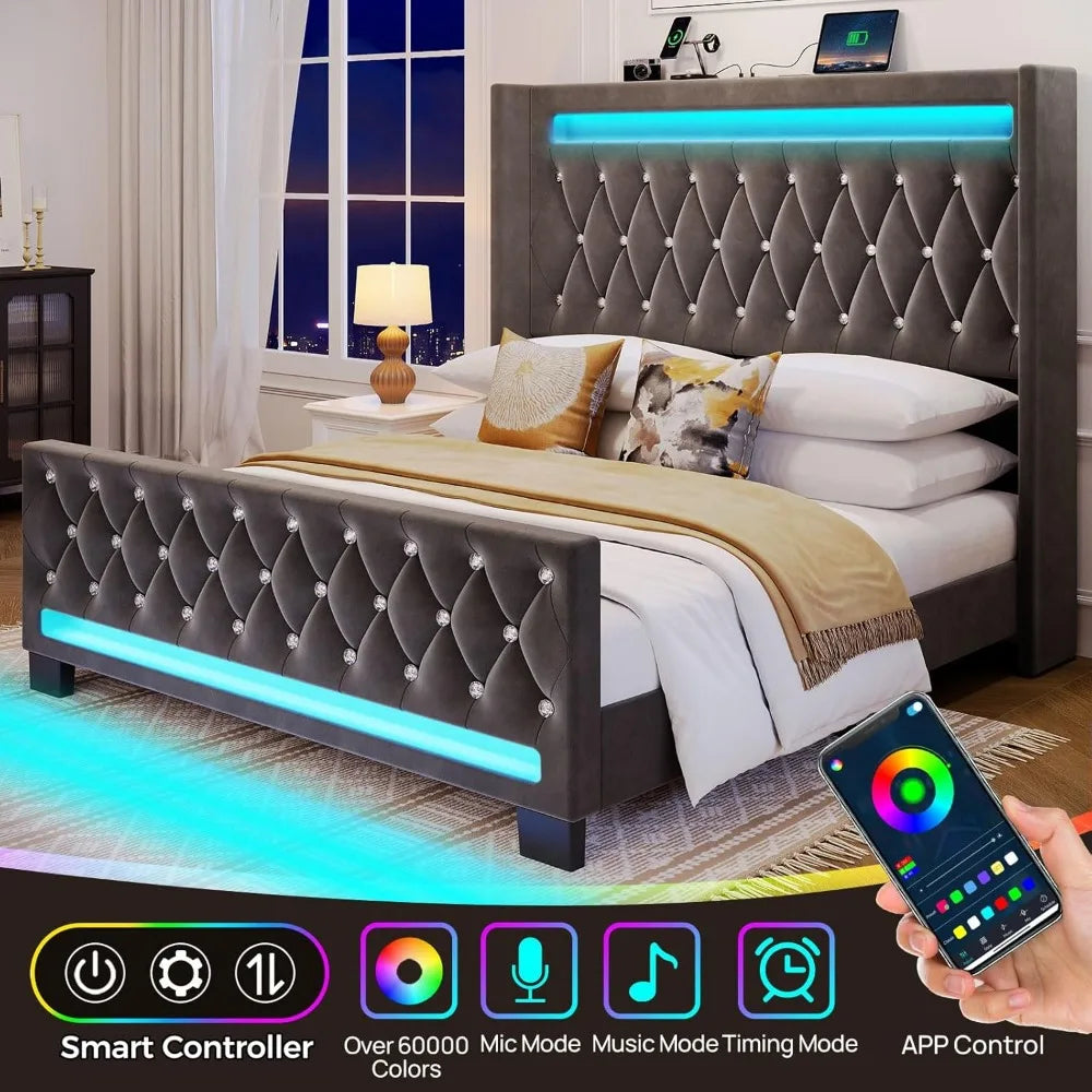 Bed Frame with LED Light and Charging Station, Upholstered High Headboard and Footboard