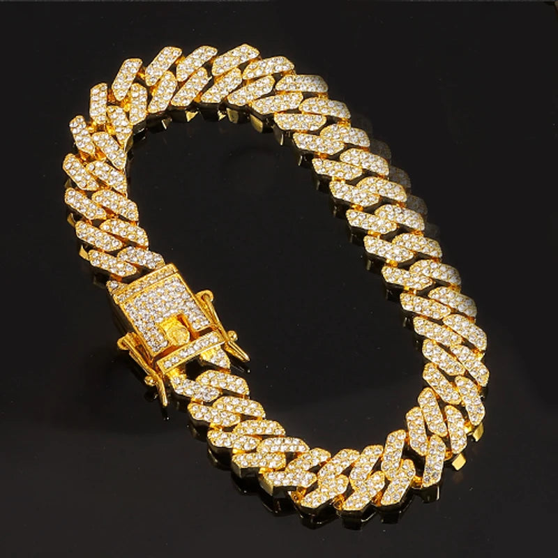 Hip Hop 13MM Rhinestones Prong Iced Out Cuban Link Chain Bracelet