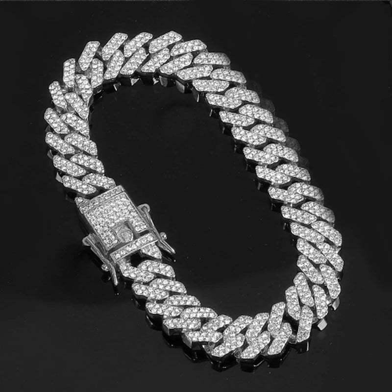 Hip Hop 13MM Rhinestones Prong Iced Out Cuban Link Chain Bracelet