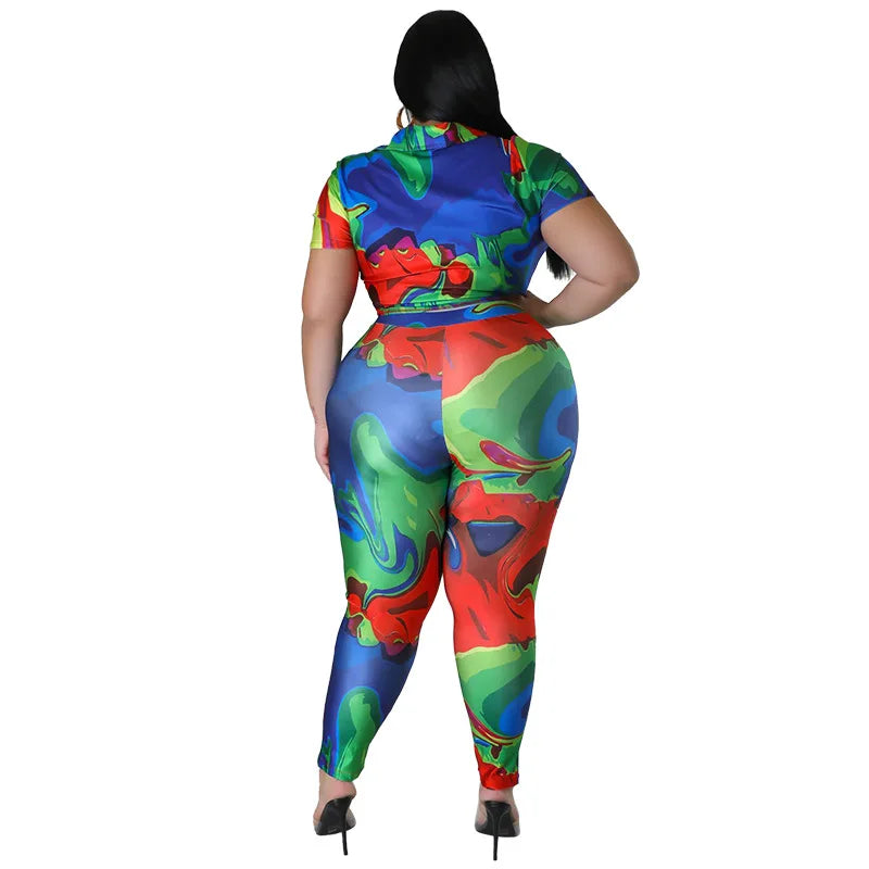 Perl Plus Size Printed Casual Two Piece Set Women Outfit Leisure