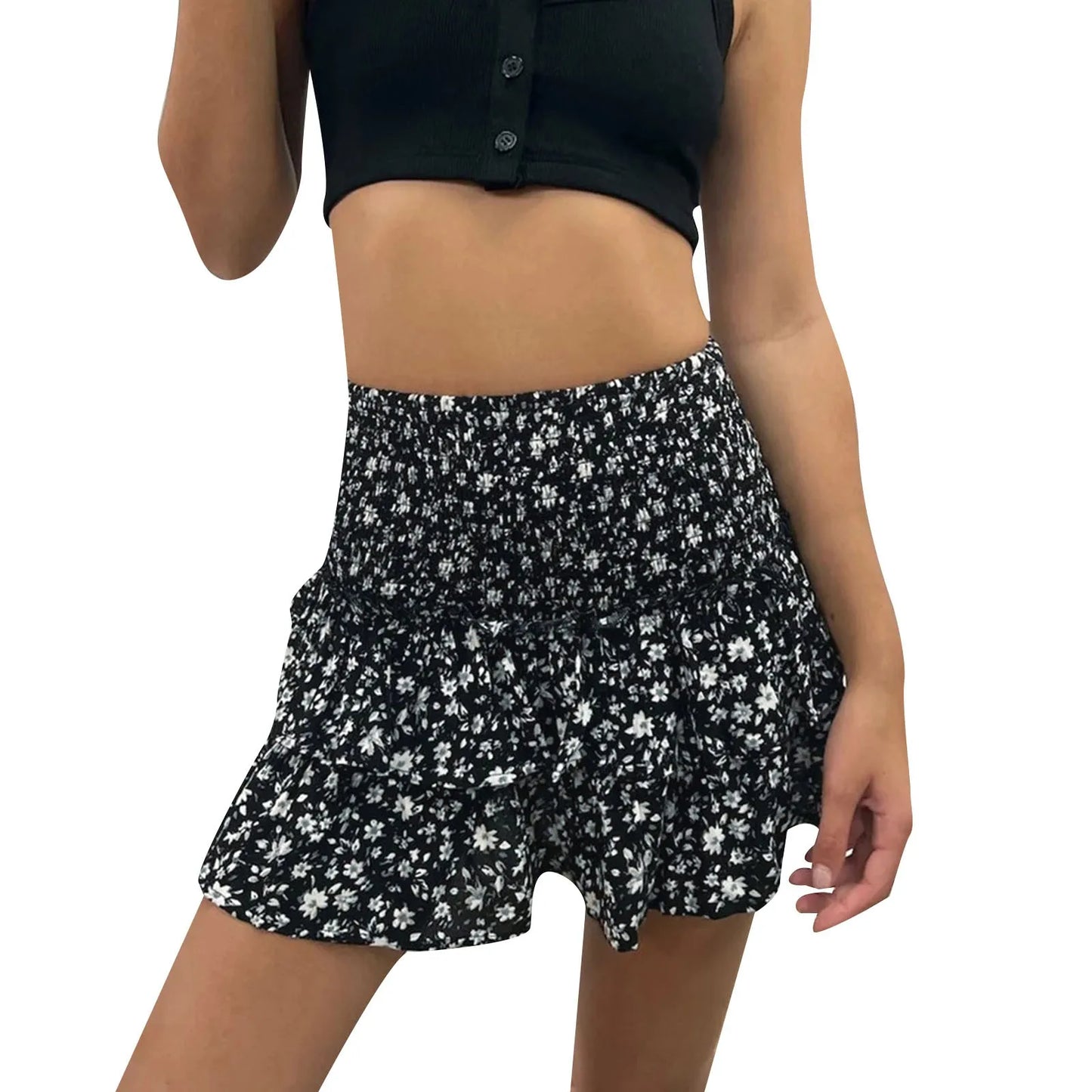 Women's Sexy Skirt Pleated Ruffle Ruched Hem Little Floral Printed Fashion Boho