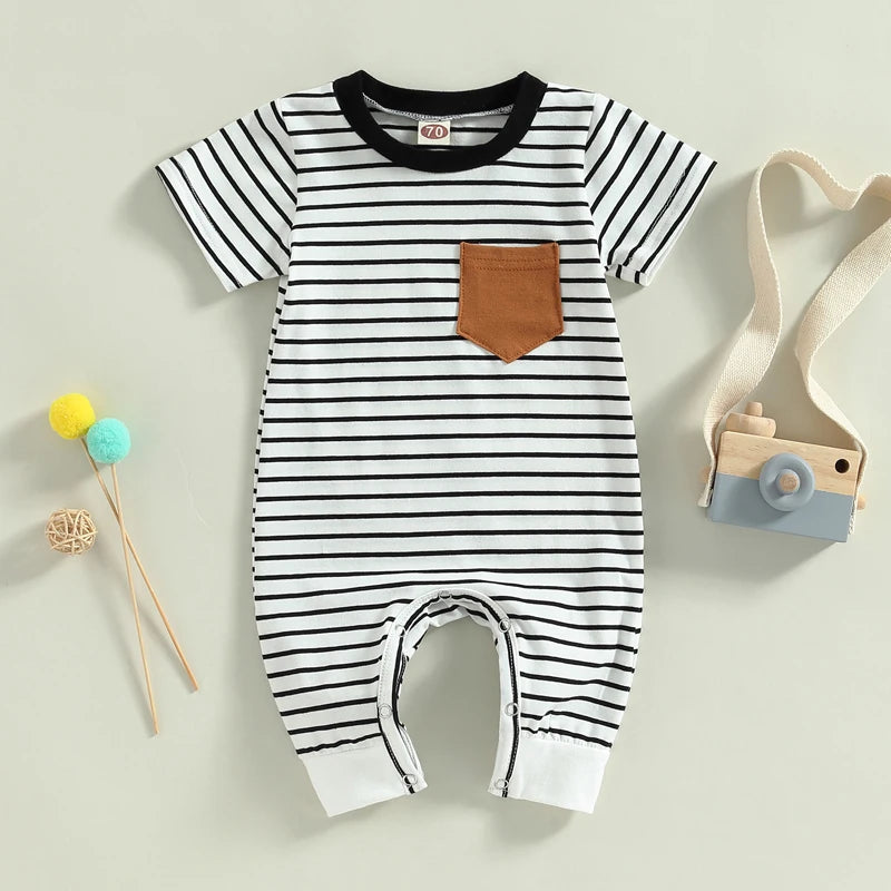 Lioraitiin 0-18M Newborn Baby Boys Summer Jumpsuit Round Neck