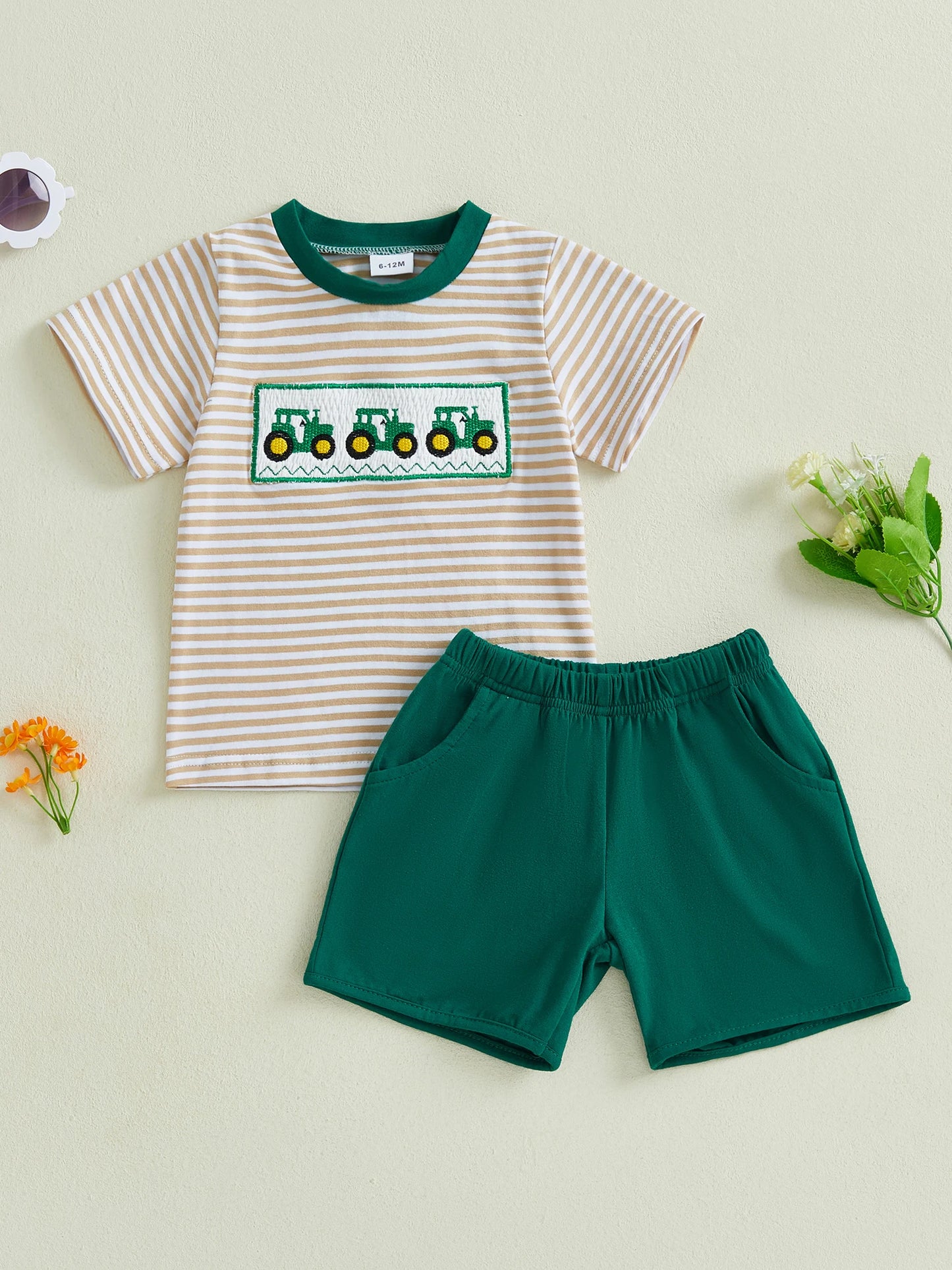 Cute Infant Farm Theme Clothing Set with Tractor Design Short Sleeve Tee and Solid Shorts with Pockets for Little Boys 2