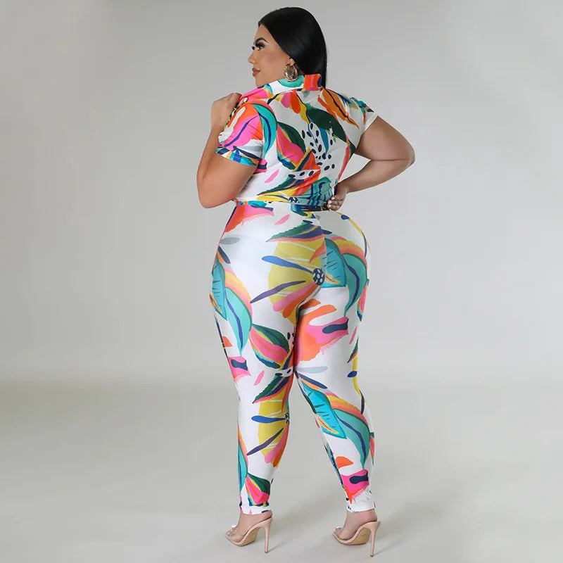 Perl Plus Size Printed Casual Two Piece Set Women Outfit Leisure
