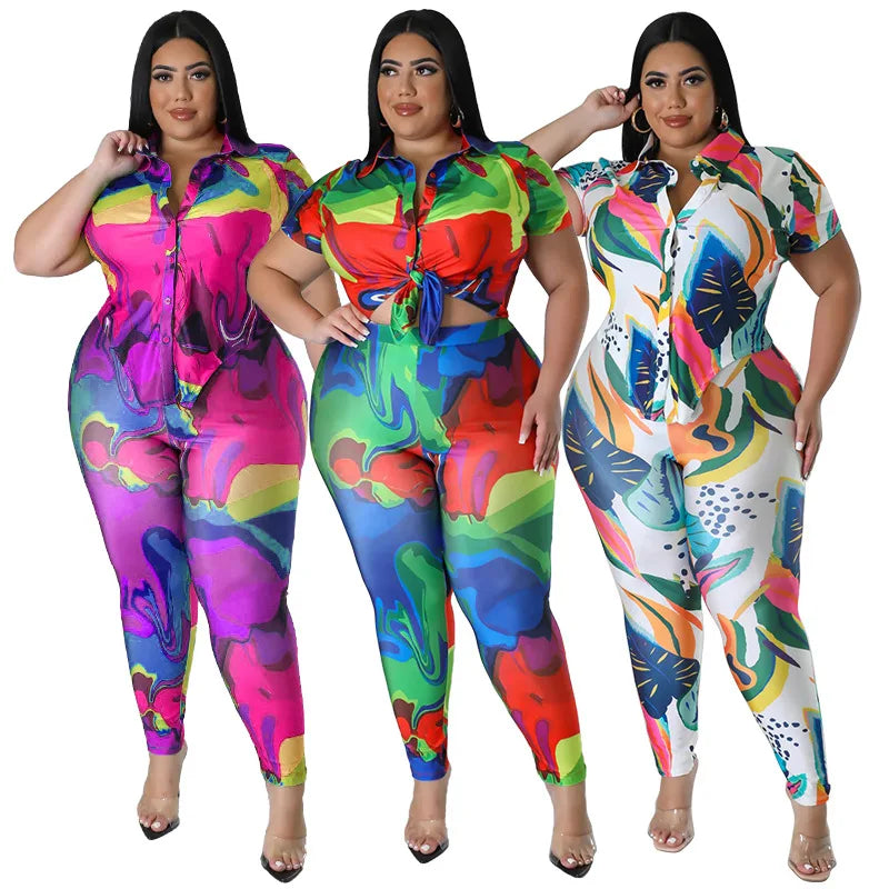 Perl Plus Size Printed Casual Two Piece Set Women Outfit Leisure
