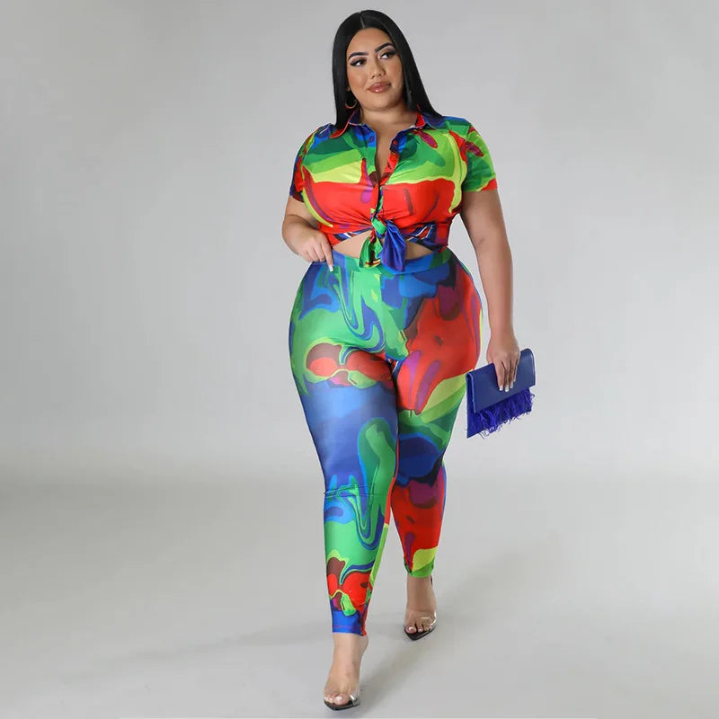 Perl Plus Size Printed Casual Two Piece Set Women Outfit Leisure