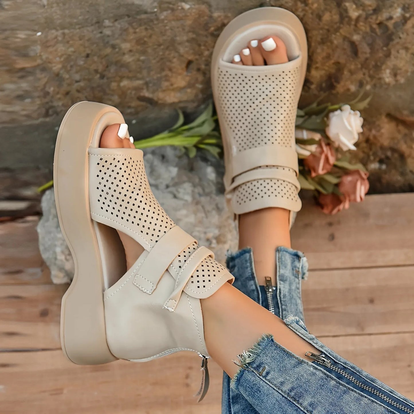 Women'S Leather Upper Plus Size Sandals Open Toe Roman Thick Sole Flat