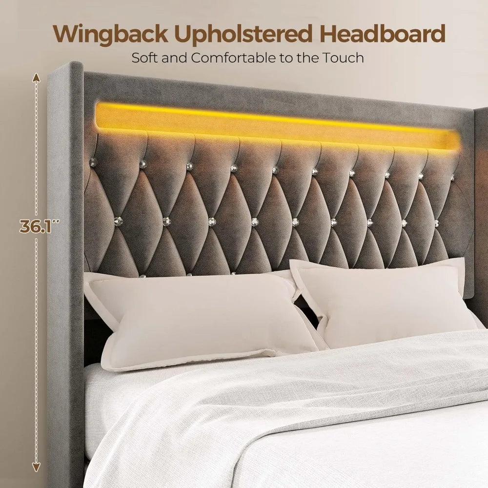 Bed Frame with LED Light and Charging Station, Upholstered High Headboard and Footboard