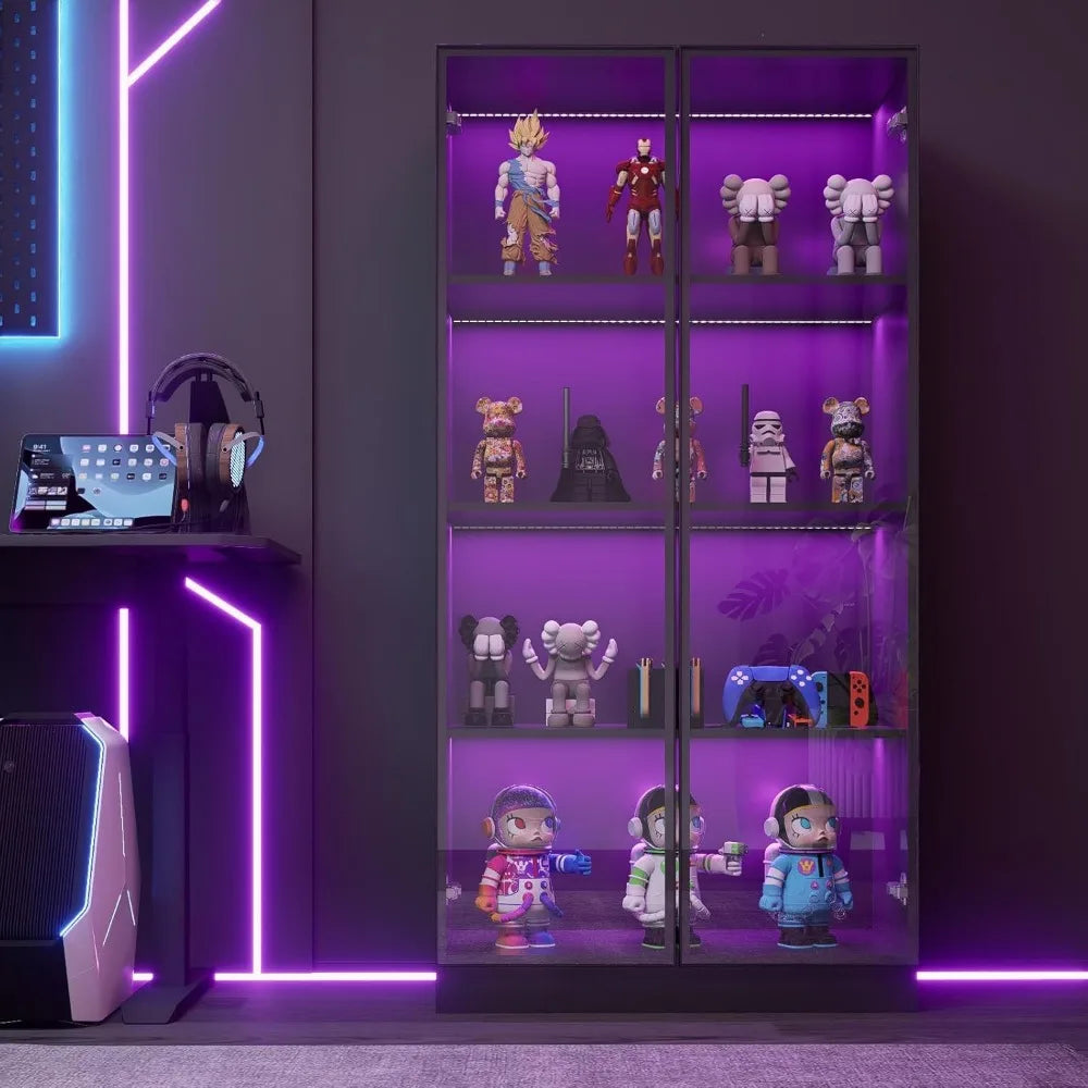 Display Cabinet with LED Lights Set of 2, 4-Tier Shelves Curio Cabinet with 2 Glass Doors