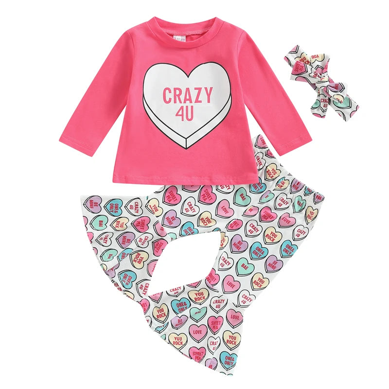 T-Shirts Heart Print Flare Pants Headband 3Pcs Set Love Theme