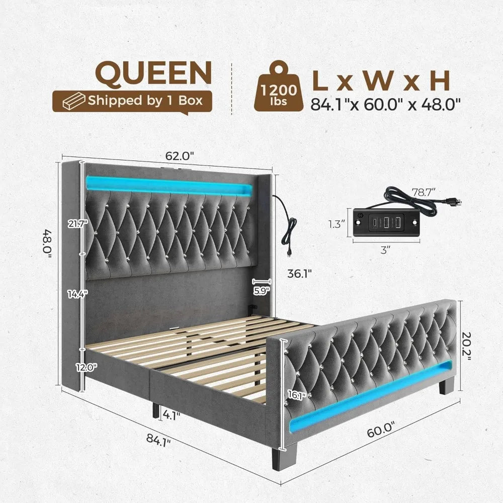 Bed Frame with LED Light and Charging Station, Upholstered High Headboard and Footboard