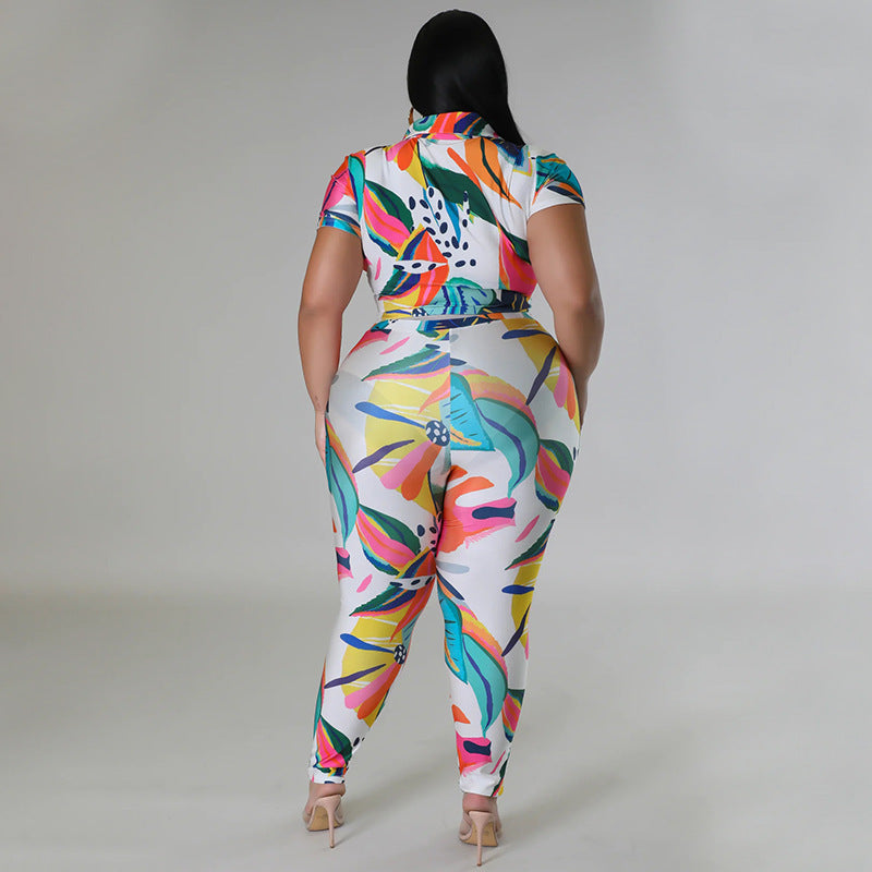 Perl Plus Size Printed Casual Two Piece Set Women Outfit Leisure