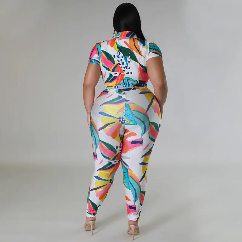 Perl Plus Size Printed Casual Two Piece Set Women Outfit Leisure