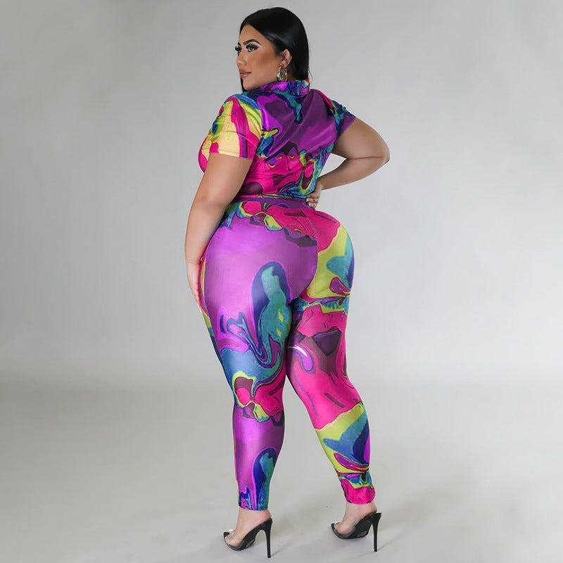 Perl Plus Size Printed Casual Two Piece Set Women Outfit Leisure