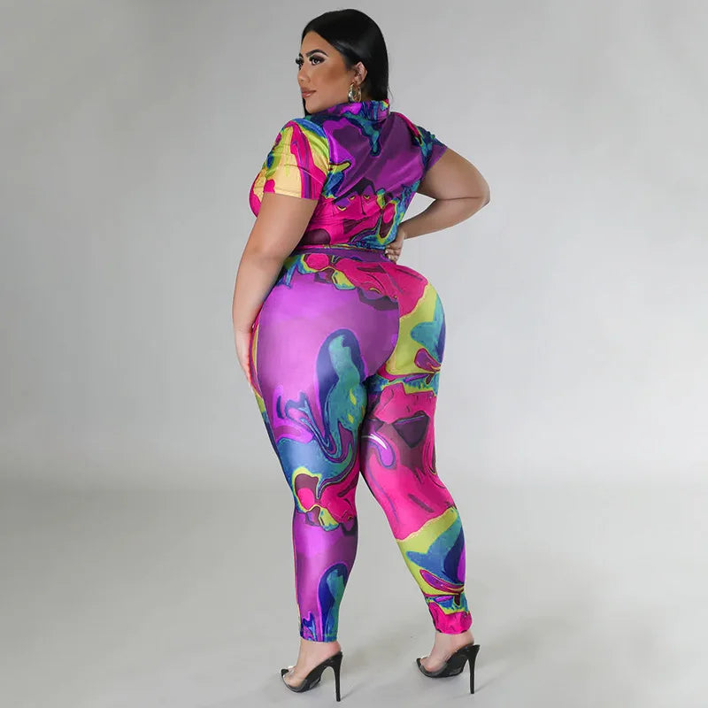 Perl Plus Size Printed Casual Two Piece Set Women Outfit Leisure