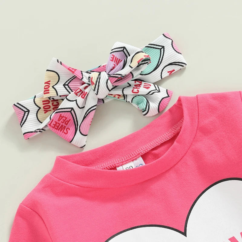 T-Shirts Heart Print Flare Pants Headband 3Pcs Set Love Theme