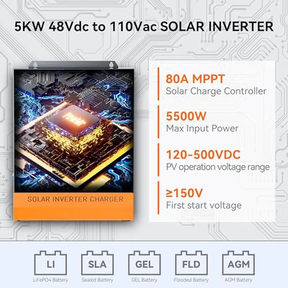 5000W Hybrid Solar Inverter Charger 48V DC 110V AC MPPT Controller LCD Display