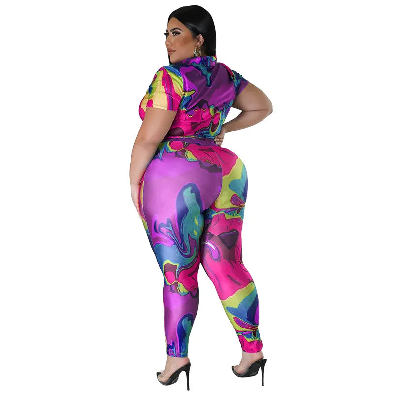Perl Plus Size Printed Casual Two Piece Set Women Outfit Leisure