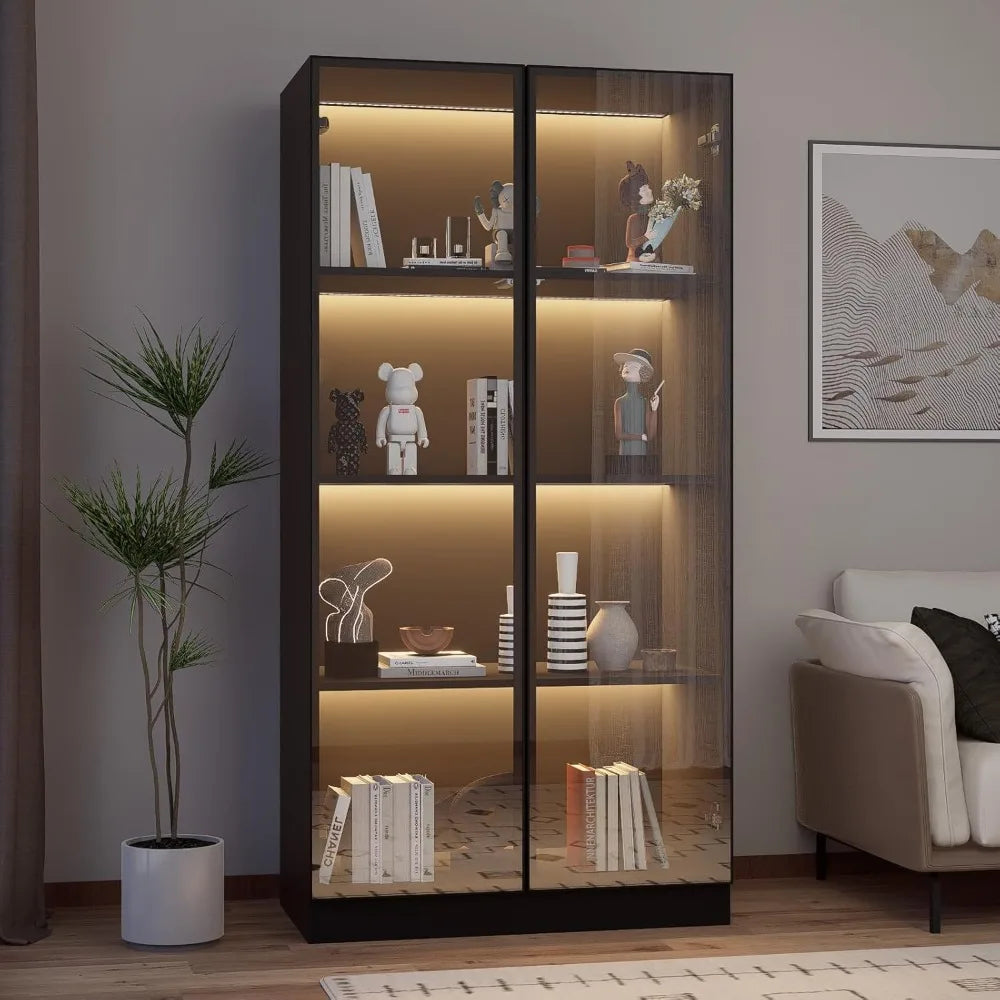 Display Cabinet with LED Lights Set of 2, 4-Tier Shelves Curio Cabinet with 2 Glass Doors
