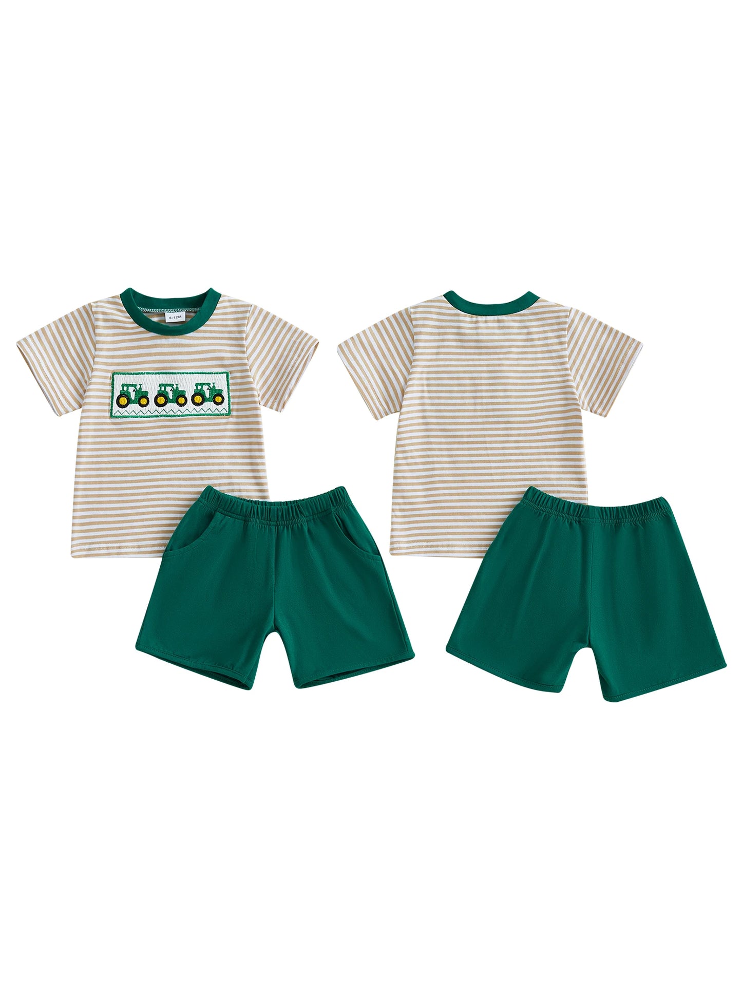 Cute Infant Farm Theme Clothing Set with Tractor Design Short Sleeve Tee and Solid Shorts with Pockets for Little Boys 2