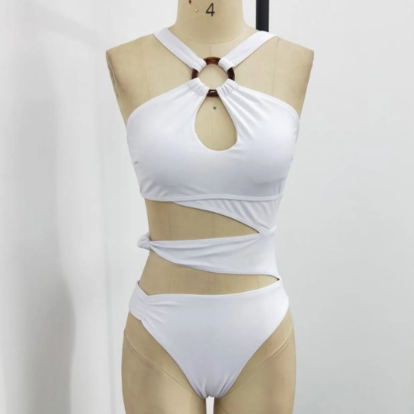 Sexy Halter Irregular Cutting Bikini Set Push-Up Bra Padded Swimsuit White Slim