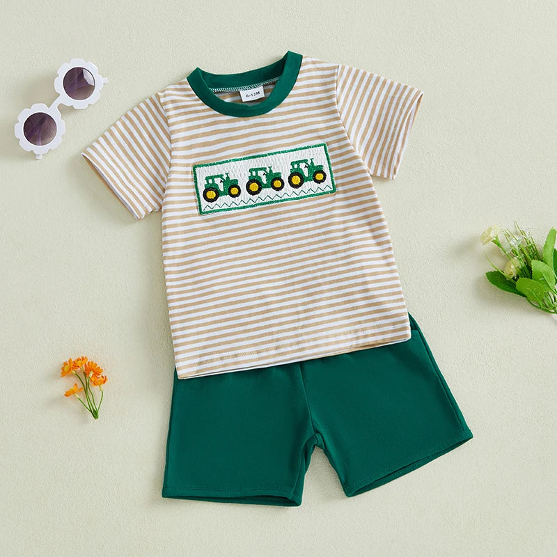 Cute Infant Farm Theme Clothing Set with Tractor Design Short Sleeve Tee and Solid Shorts with Pockets for Little Boys 2