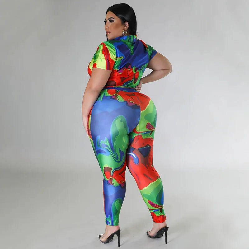 Perl Plus Size Printed Casual Two Piece Set Women Outfit Leisure