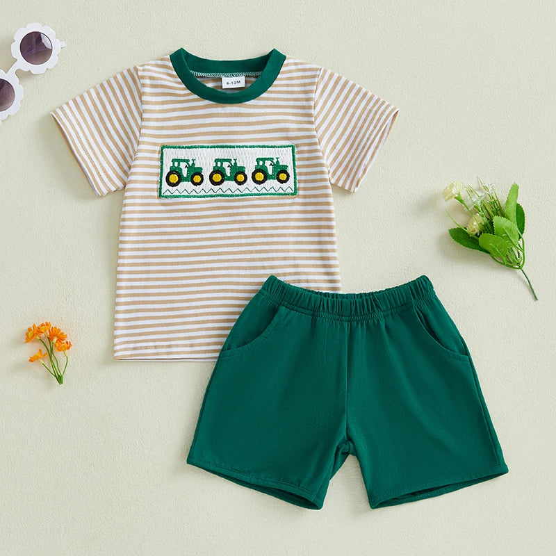 Cute Infant Farm Theme Clothing Set with Tractor Design Short Sleeve Tee and Solid Shorts with Pockets for Little Boys 2