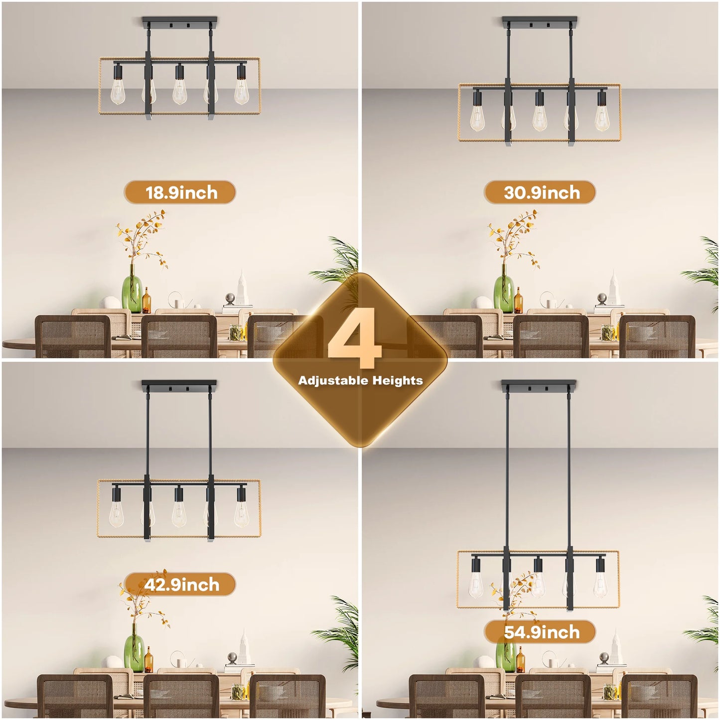 5 Lights Celling Light Fixture Rattan Pendant Height Adjustable Indoor