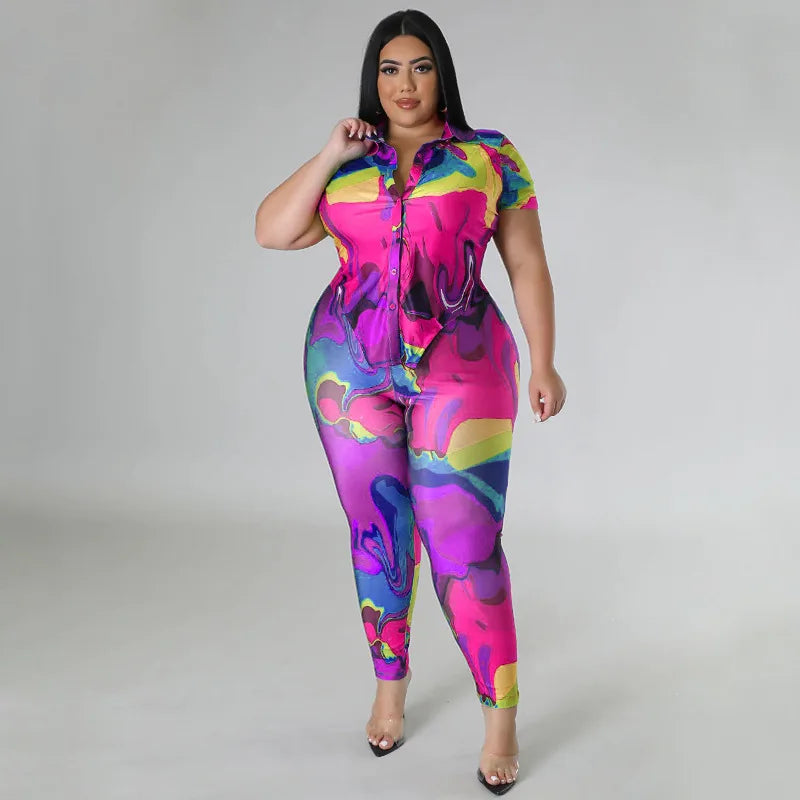 Perl Plus Size Printed Casual Two Piece Set Women Outfit Leisure