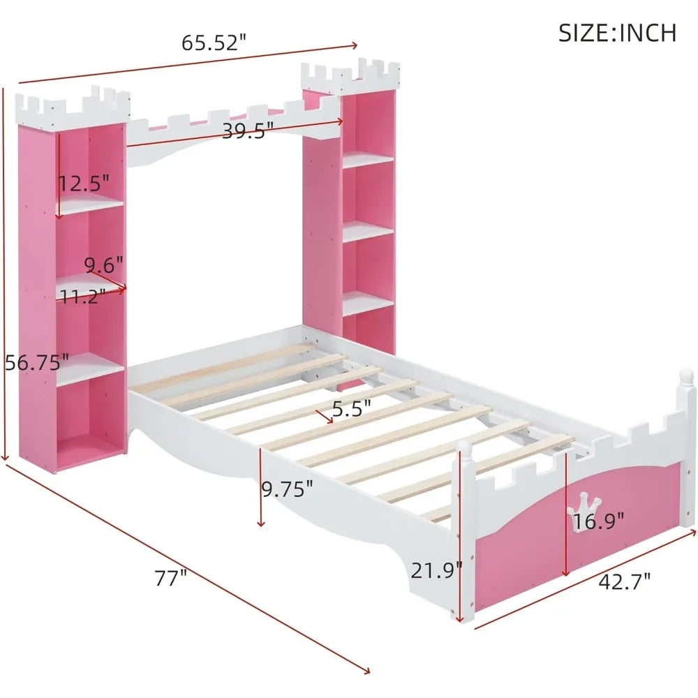 Bed with Storage Shelf, Dreamy Twin Size Platform Bed for Kids Bedroom