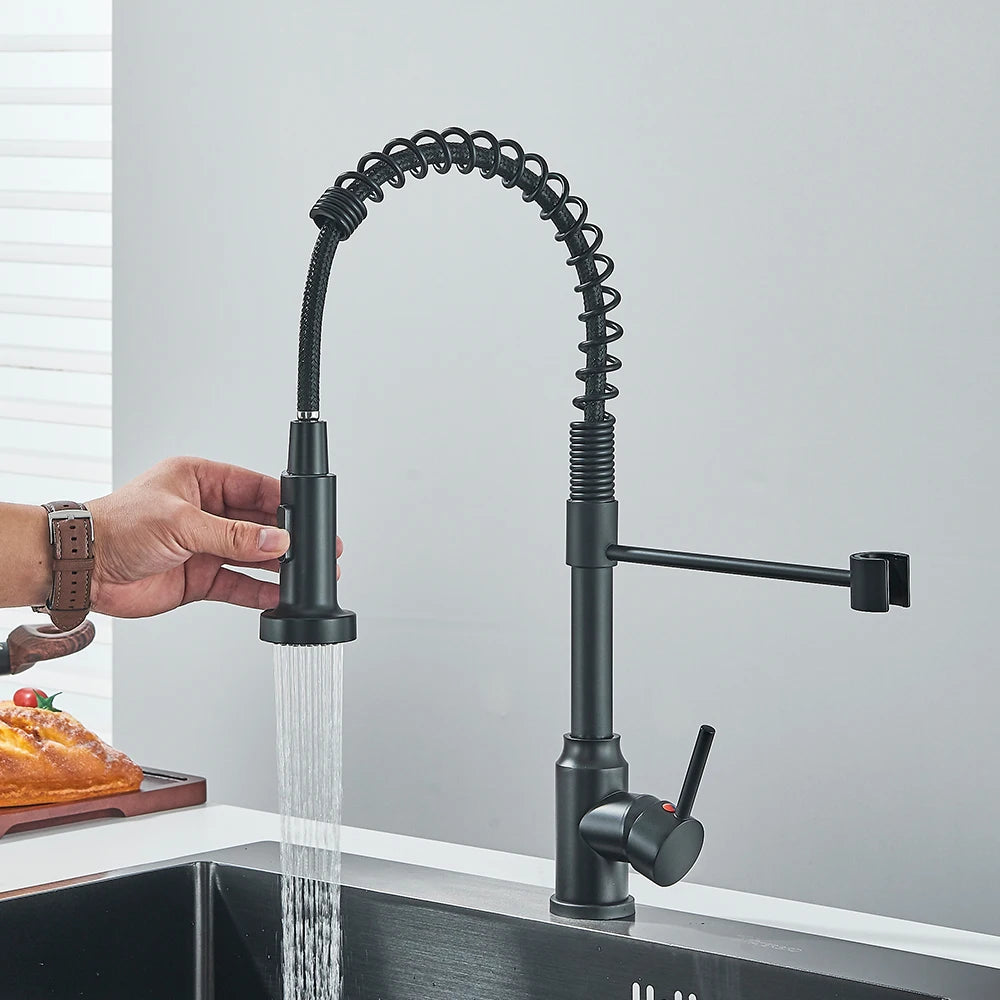 Matte Black Kitchen Sink Faucet One Handle Spring Hot and Cold Water Tap