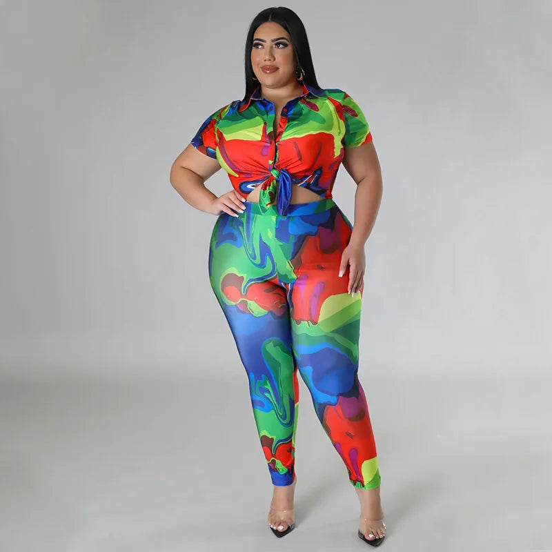 Perl Plus Size Printed Casual Two Piece Set Women Outfit Leisure