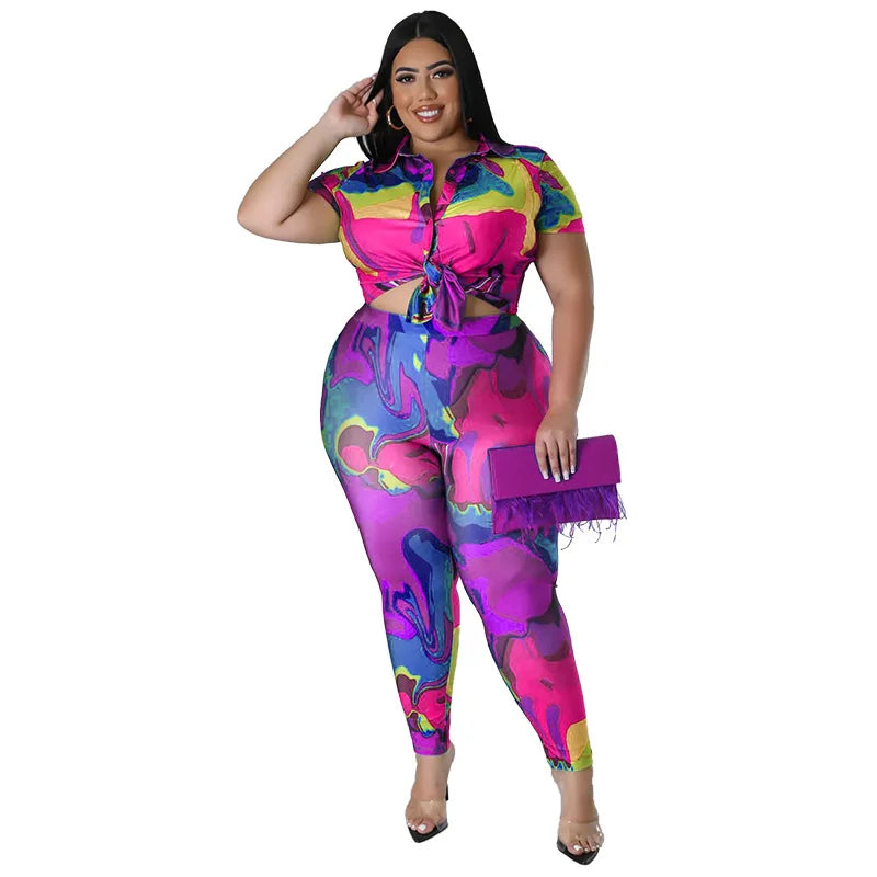 Perl Plus Size Printed Casual Two Piece Set Women Outfit Leisure