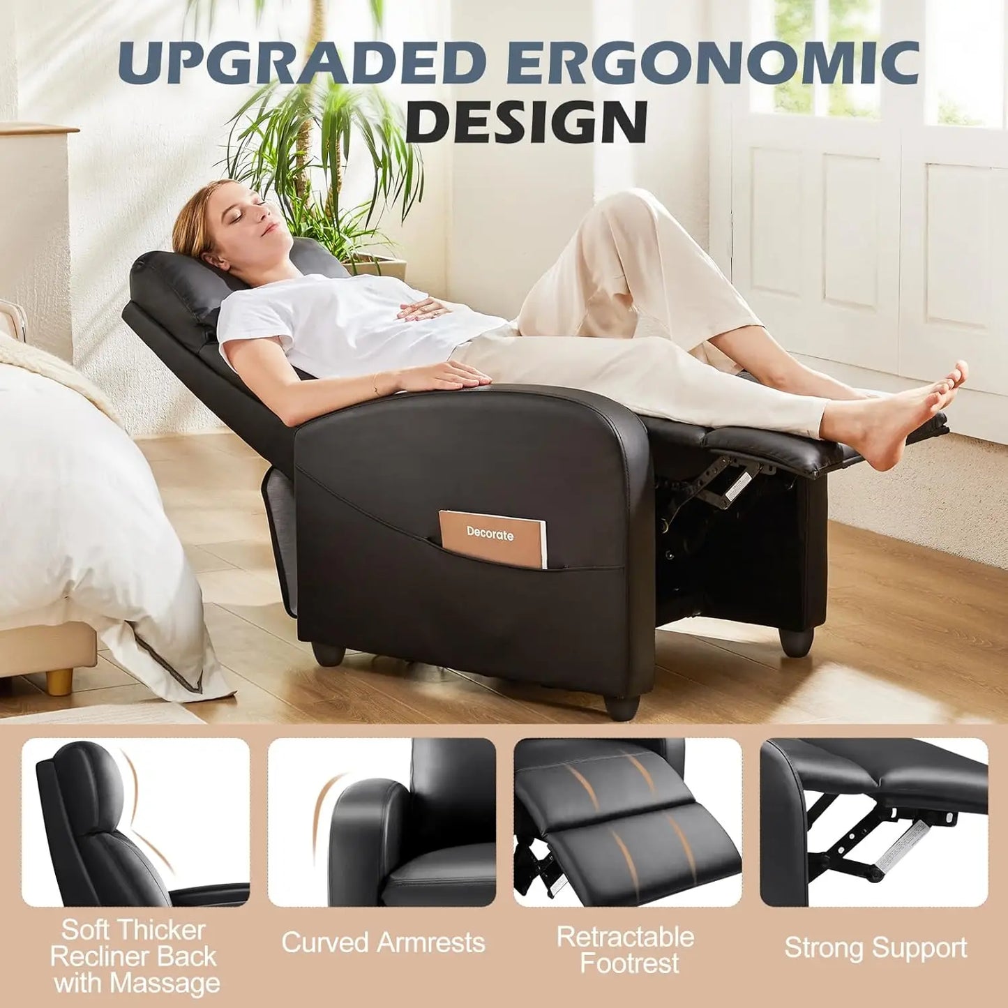 Recliner Chair for Adults, Massage PU Leather Small Recliner Home