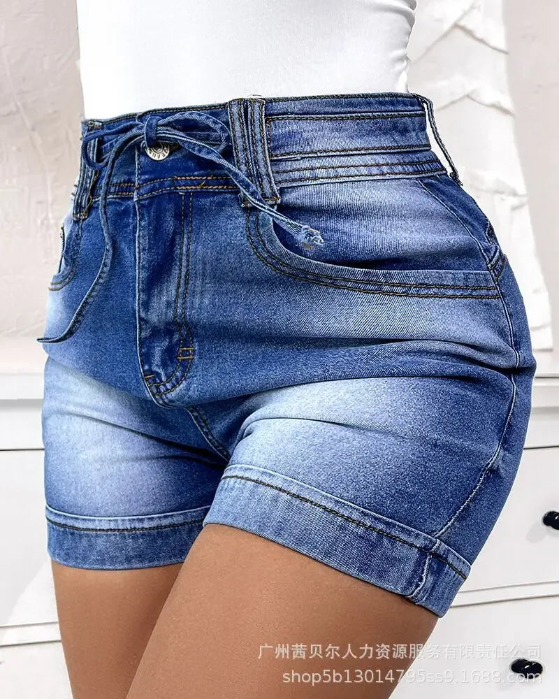 Fashion Women Jeans Spring Drawstring Tight Hip-lifting Denim Shorts for Women
