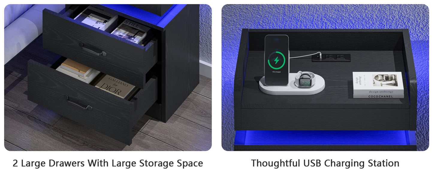 Set of 2 with Charging Station, Black Night Stand with LED Lights, Modern