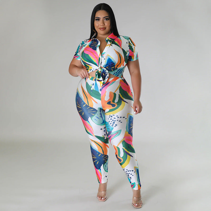 Perl Plus Size Printed Casual Two Piece Set Women Outfit Leisure