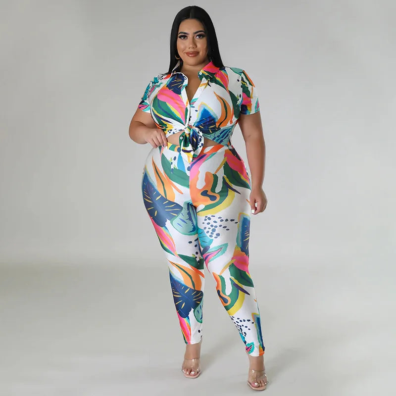 Perl Plus Size Printed Casual Two Piece Set Women Outfit Leisure