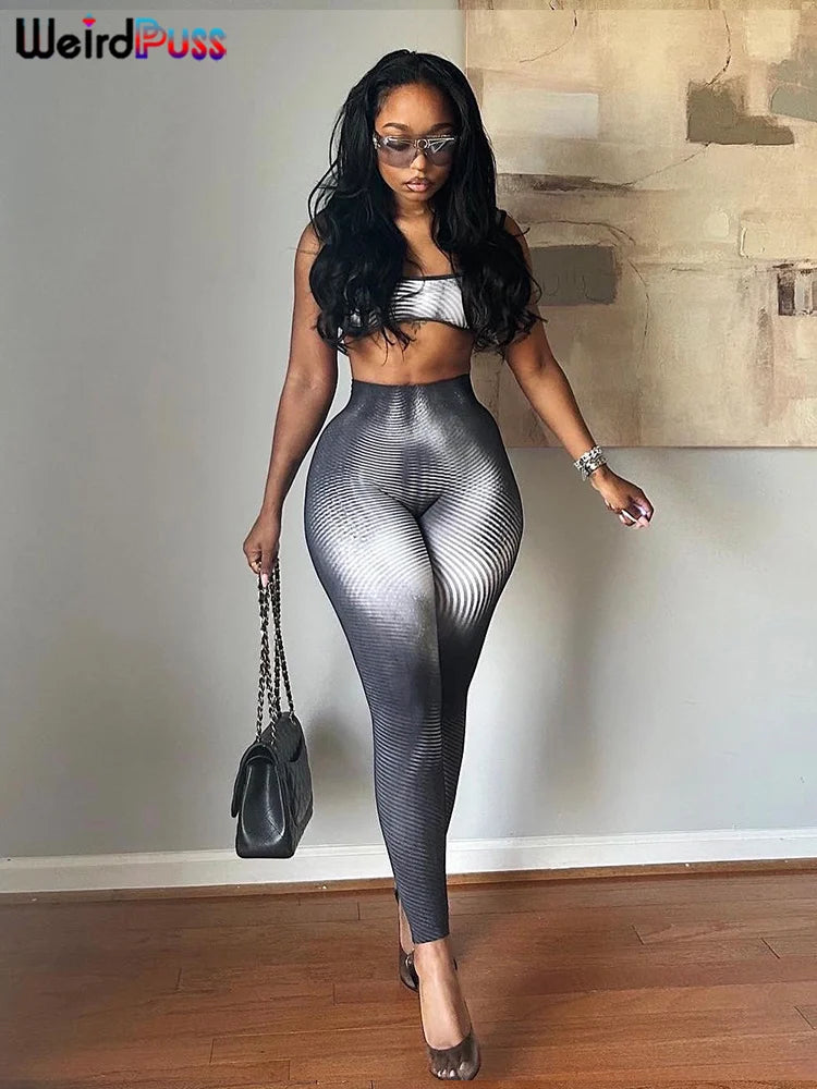 Weird Puss Gradient Print 2 Piece Set Women Skinny Striped Stretch