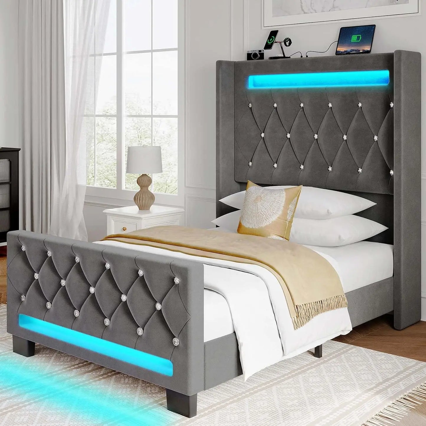 Bed Frame with LED Light and Charging Station, Upholstered High Headboard and Footboard