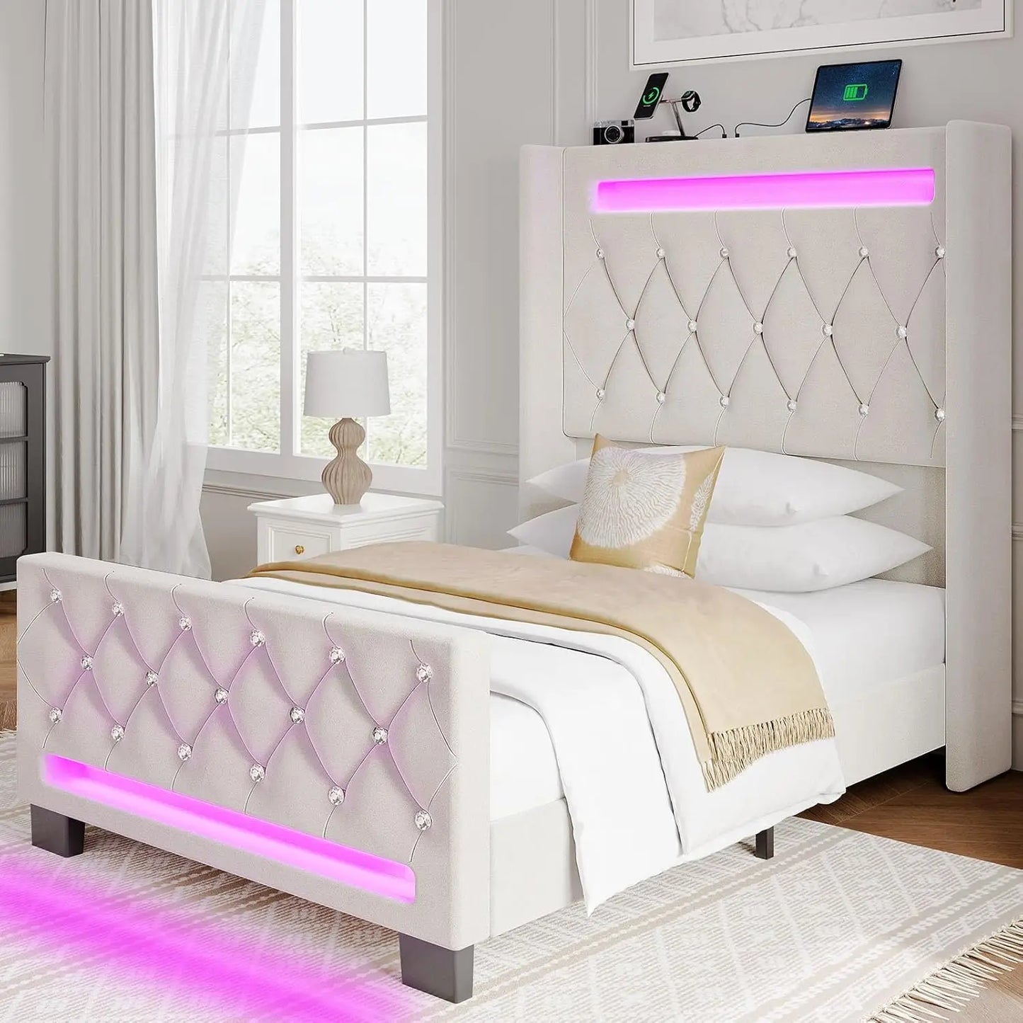 Bed Frame with LED Light and Charging Station, Upholstered High Headboard and Footboard