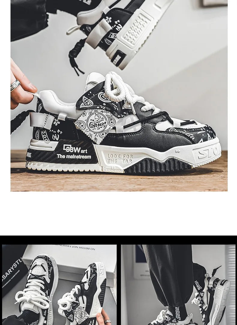 Platform Sneakers for Men Trend Design Graffiti Skateboard
