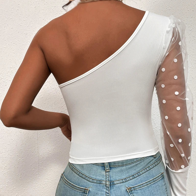 Spring Summer Women Sexy Mesh Tshirt Pullover Top Tees One Shoulder