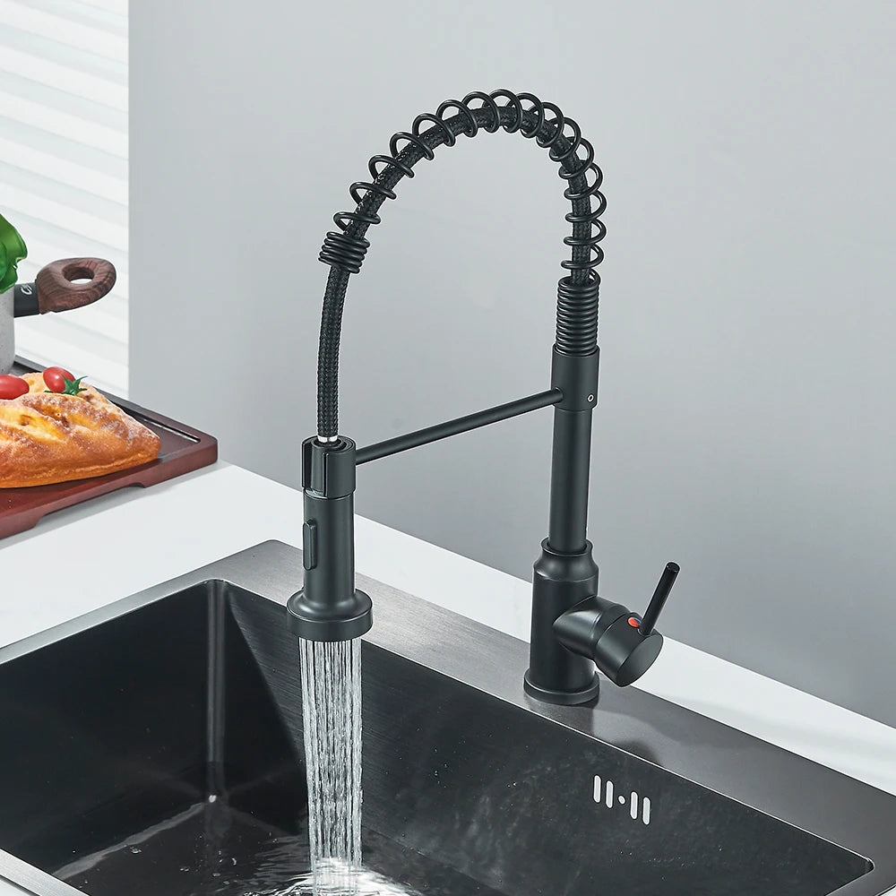 Matte Black Kitchen Sink Faucet One Handle Spring Hot and Cold Water Tap