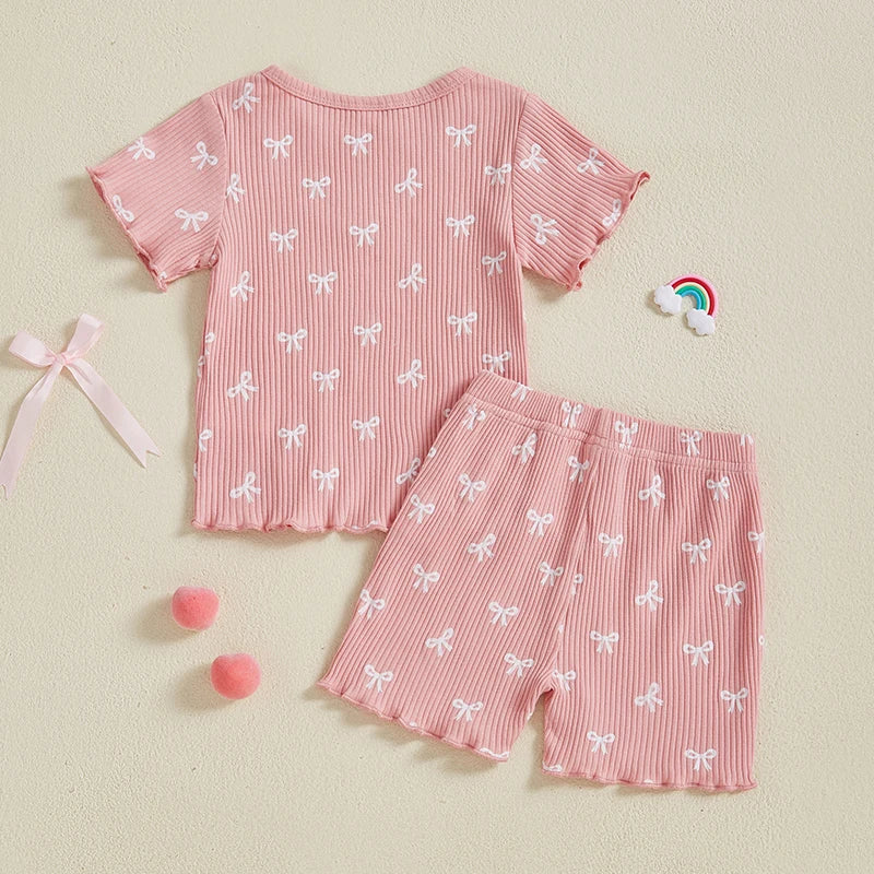 Adorable Infant Girl Ruffle Sleeve Shirt and Shorts Set with Bow